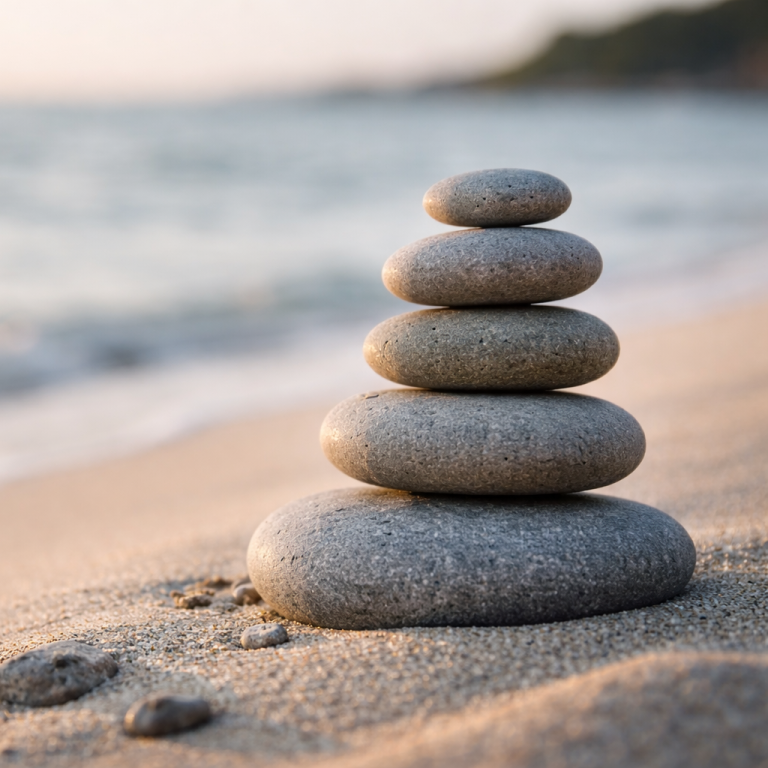 Stressmanagement und Resilienz – KBB.solution Dresden Steine in Balance am Strand als Symbol für innere Stabilität – Stressmanagement in Dresden